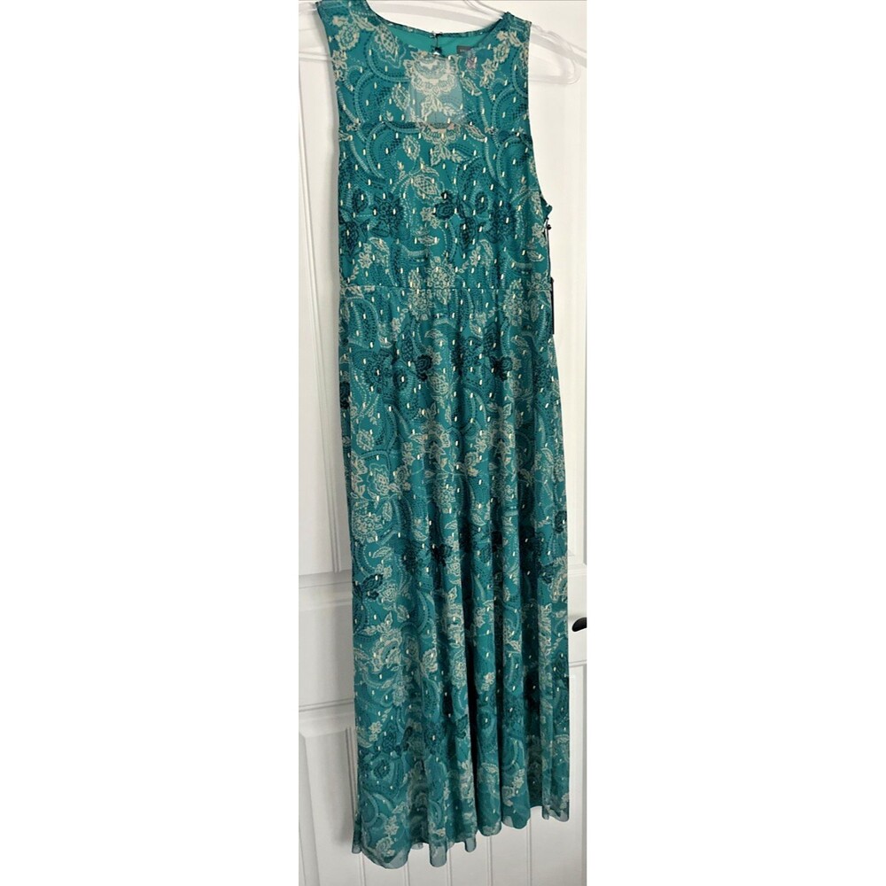 Vince Camuto Women's Printed Metallic Pock Neck Maxi Dress Cool Lapis Green S - Picture 2 of 10